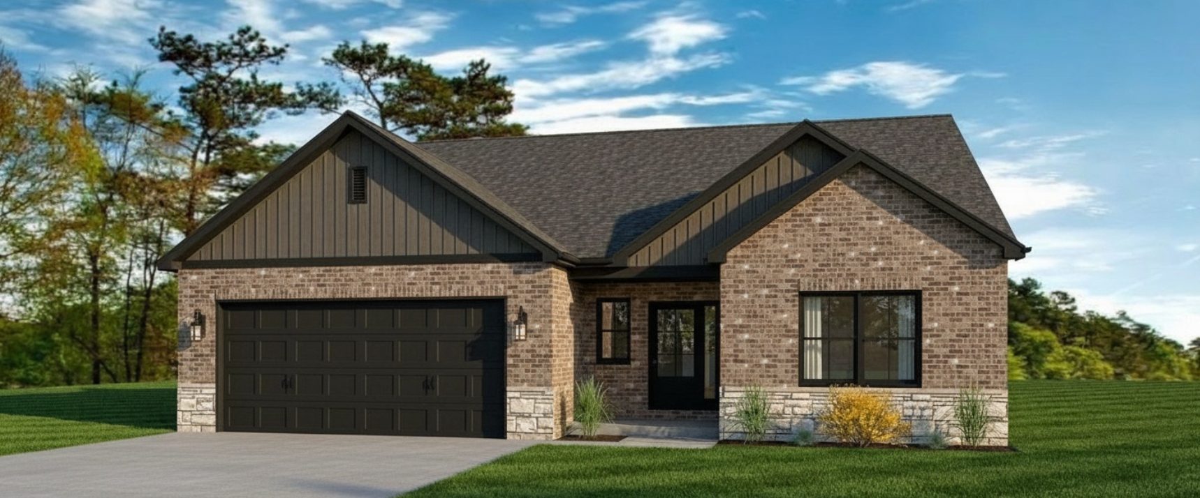 Front elevation rendering of The Aspen II villa plan with 2-car garage