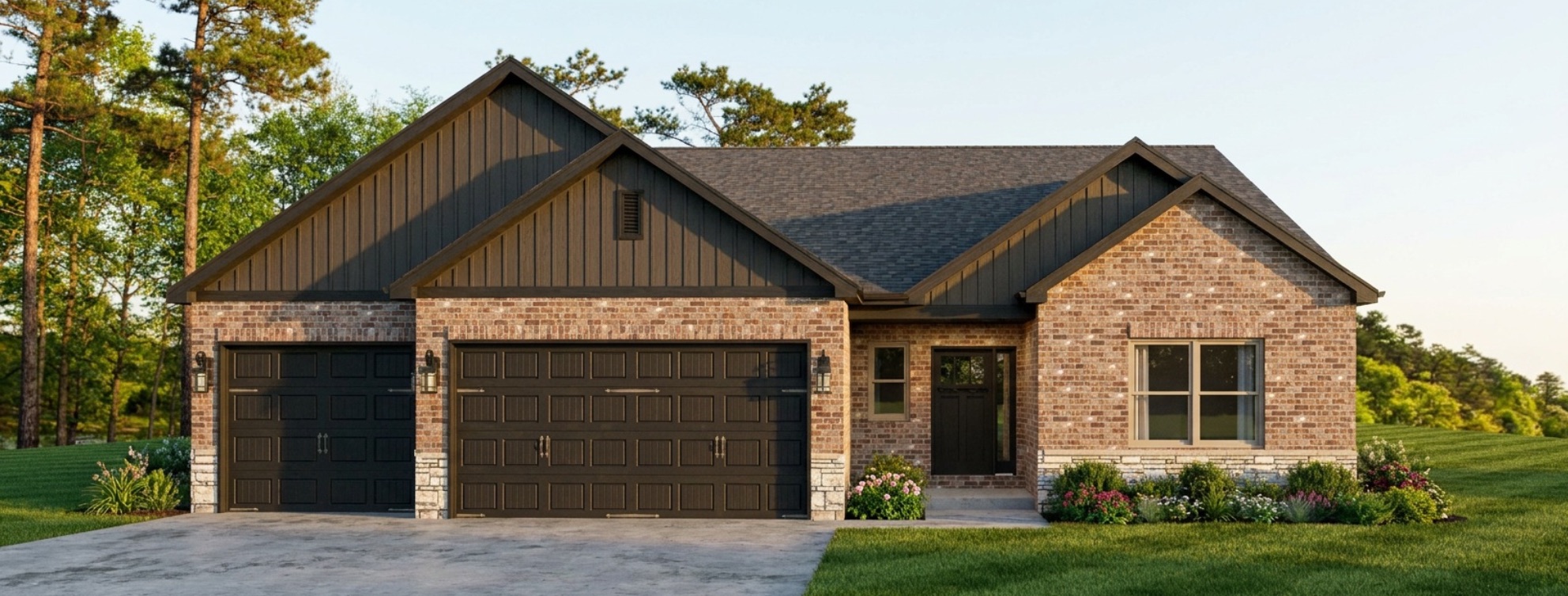 Front elevation rendering of The Aspen II villa plan with 3-car garage